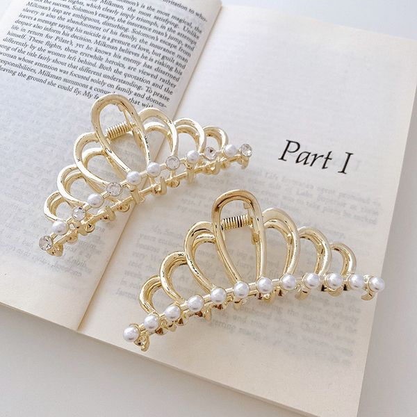 

yamog pearl crystal hollow crown clamps women lady alloy hair claw clip for scrunchies ponytail head wear hairpins jewelry accessories lengt, Slivery;golden