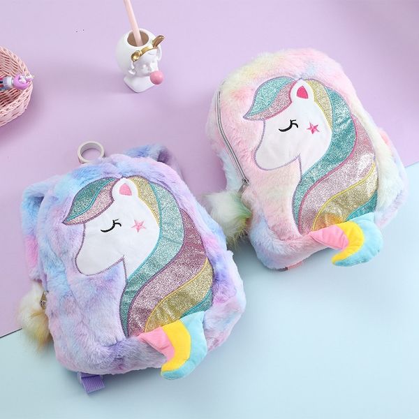 

unicorns cartoon school book purse bag backpacks cute fashion 3d fur backpacks for girls travel backpack children schoolbag kids gift, White