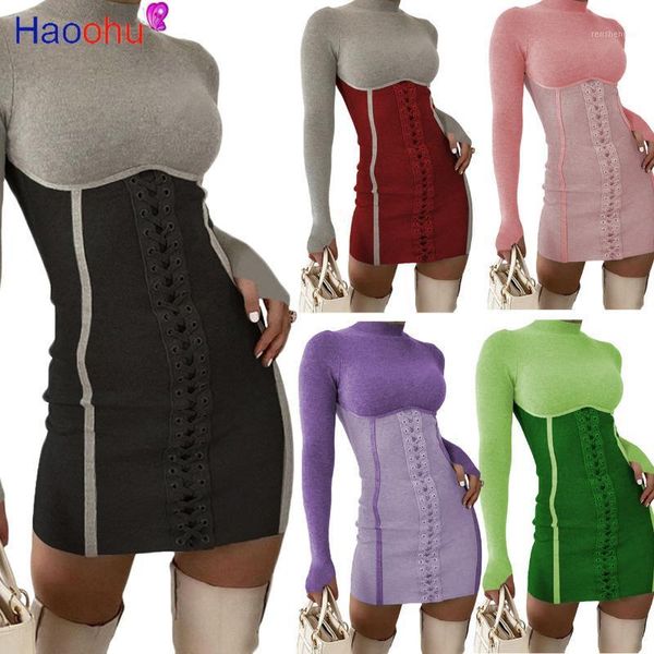 

winter warm women dresses long sleeve knit cardigan dress casual patchwork stand-up collar mini clothing, Black;gray