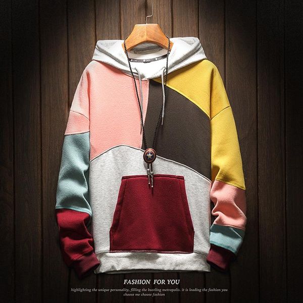 

men's hoodies & sweatshirts mens hooded color block sweatshirt cotton pullover coat korean casual hoodie m-5xl, Black