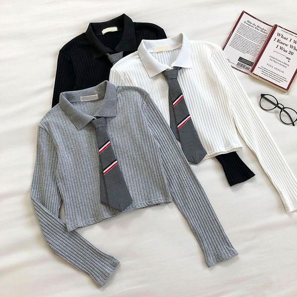 

women's blouses & shirts college style shirt striped sweater blouse women 2021 spring autumn korean crop slim long sleeve camisa, White