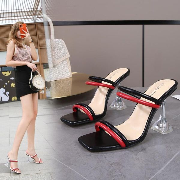

dress shoes one word with color-blocking sandals combination fairy style candy color open-toe high-heeled for women plus size45, Black