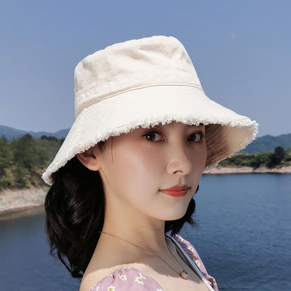 

wide brim hats elegant bucket hat solid color women summer sun protection fisherman breathable beach travel outdoor cap femme gorro 2021, Blue;gray