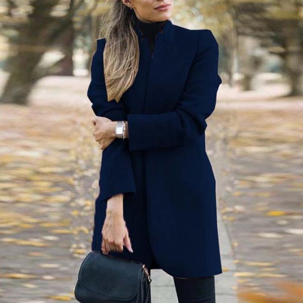 

women's fashion casual solid color stand collar woolen long sleeve jacket, Black