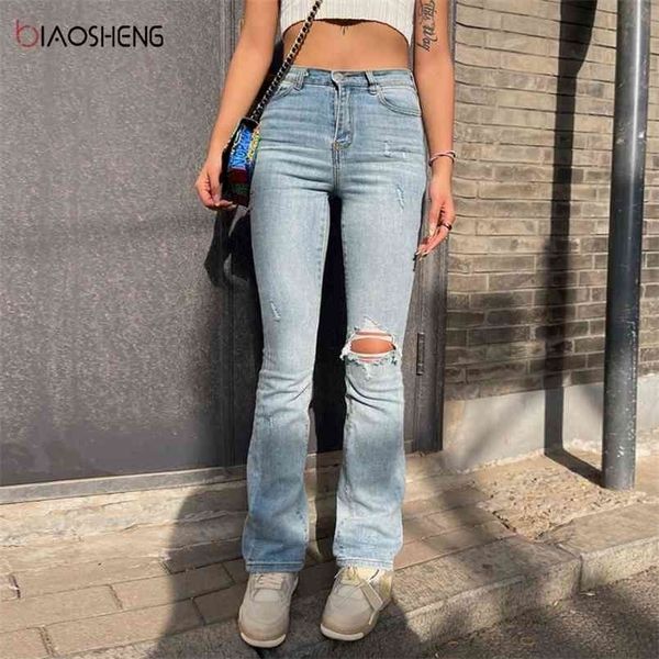 Pantaloni Jean a vita alta in denim Pantaloni svasati alla moda Fit Slim Stretch Gamba larga Mamma strappata Streetwear 210809