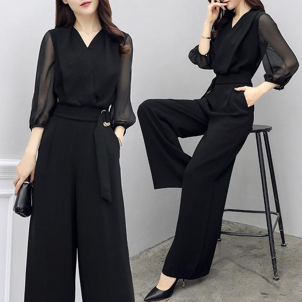 

women's tracksuits spring-summer style high-waisted romper korean-style black three-quarter-length sleeve slim fit slimming elegant wid, Gray