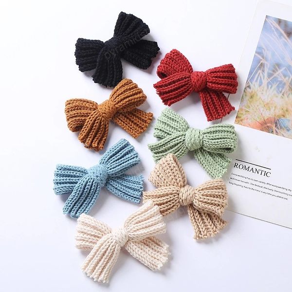 Cor sólida cor de tricô de lã bowknot bangs hairpin moda crochet laços de cabelo clipe infantil headwear roupas decoração