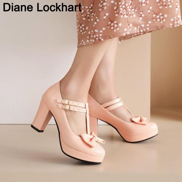 

dress shoes plus size t strap mary janes women lady high heel round toe bow lolita pumps feminine platform heels party wedding footwea, Black