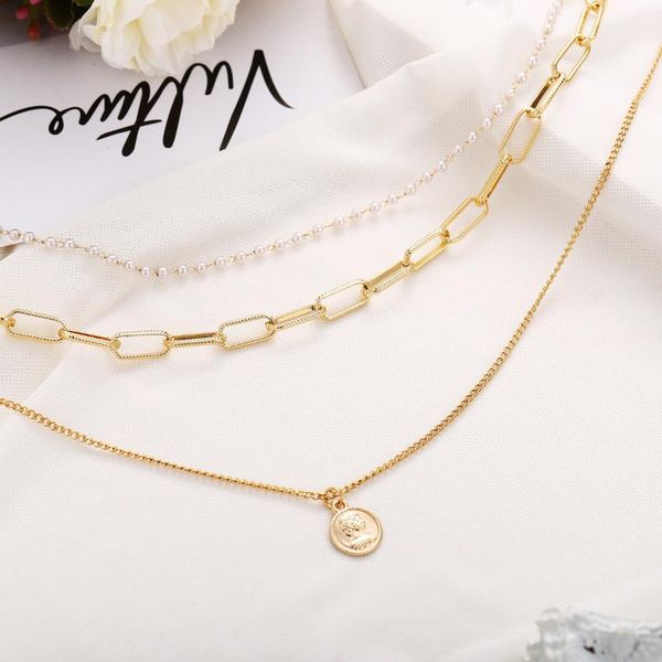 

pendant necklaces creative portrait pearl chain multi layer necklace three clavicle sweater women fashion jewelry, Silver