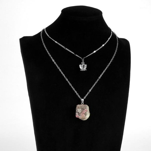 

fashion boho 2 layer original tourmaline crown pendant choker necklace bohemia natural stone long chain for women necklaces1, Silver