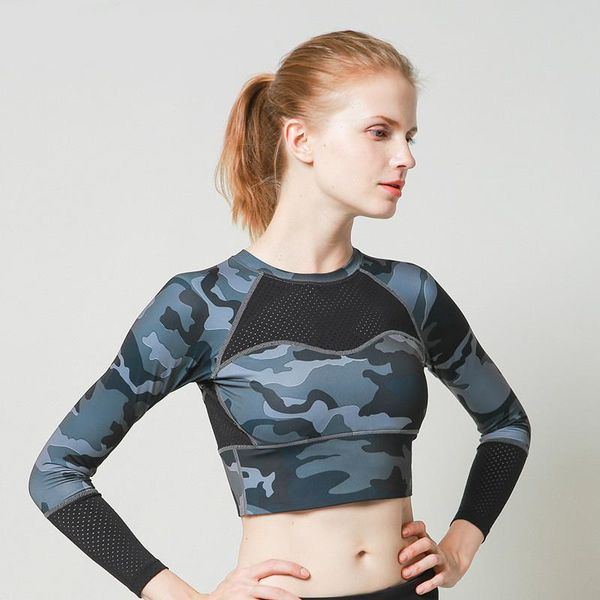 

yoga outfits camo printed shirts women padded sport crop training running long sleeve with removable pads, White;red