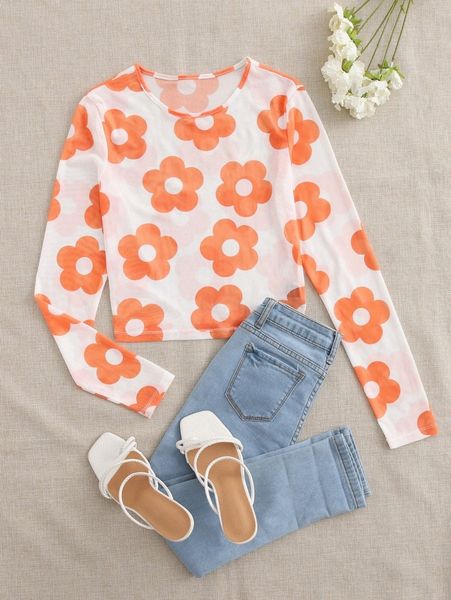 

floral print sheer mesh h3q9#, White