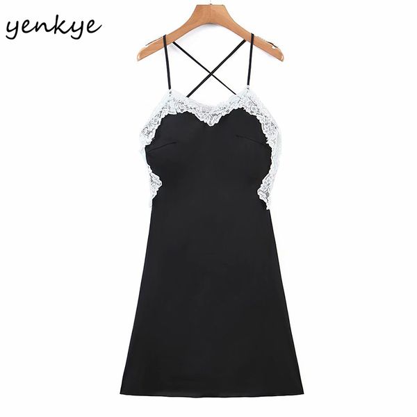 

2021 new romantic lace trims sling women backless sleeveless halter vintage black mini female satin chiffon robe jgna, Black;gray