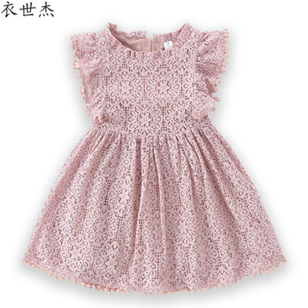

2022 childrens clothing womens spring and autumn dress hollow lace ball flying sleeve small and medium child princess, White