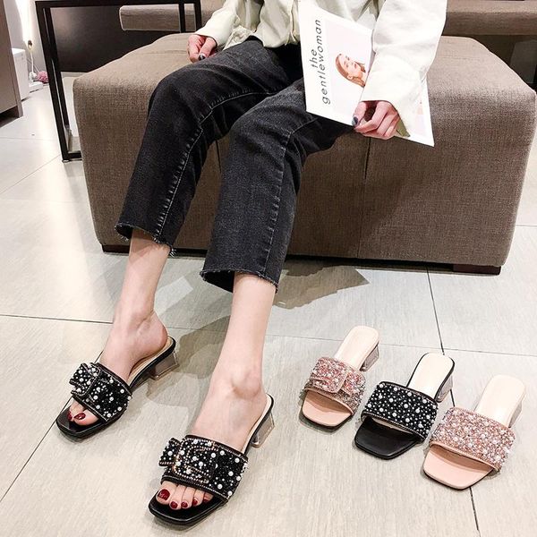 

slippers women's shoes and wear 2021 summer pearl bow open toe thick heels, Black