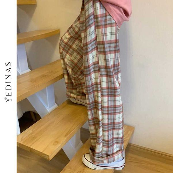 Yedinas estilo coreano calças xadrez mulheres primavera outono largo perna calça cintura alta checkered grandes calças soltas plus size 210527