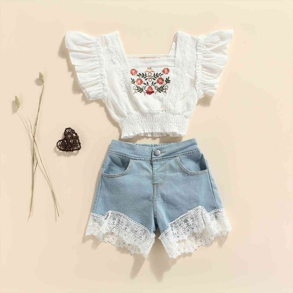 

2pcs summer fashion girls clothes sets 3 8y floral printed ruffles short sleeve t shirts lace denim shorts, White