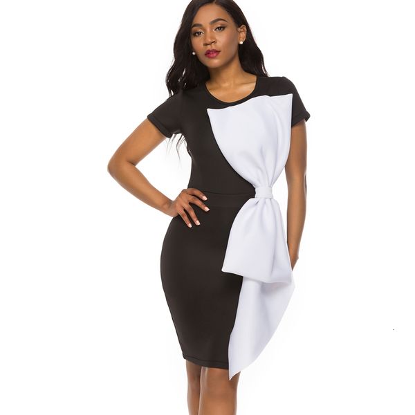

2021 new women bodycon black white contast color big bowtie lady party elegant dinner evening slim tunics femme package hip robes budq, Black;gray