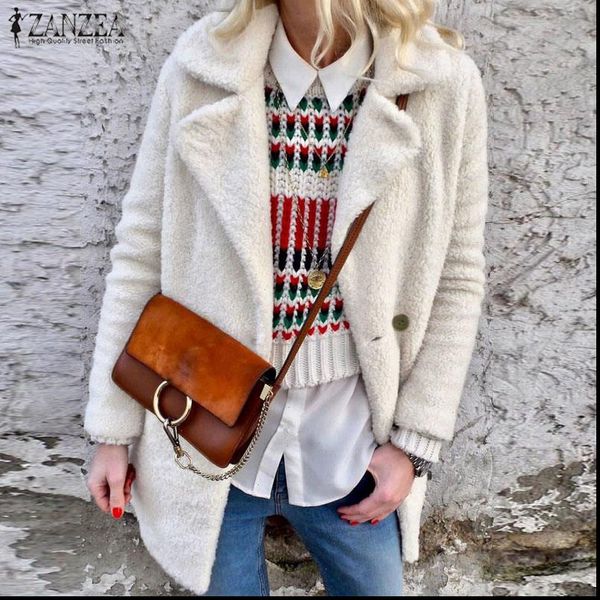 

fashion fluffy coats womens jackets 2021 zanzea autumn lapel long sleeve outwears plus size single button outwear windbreakers, Black;brown