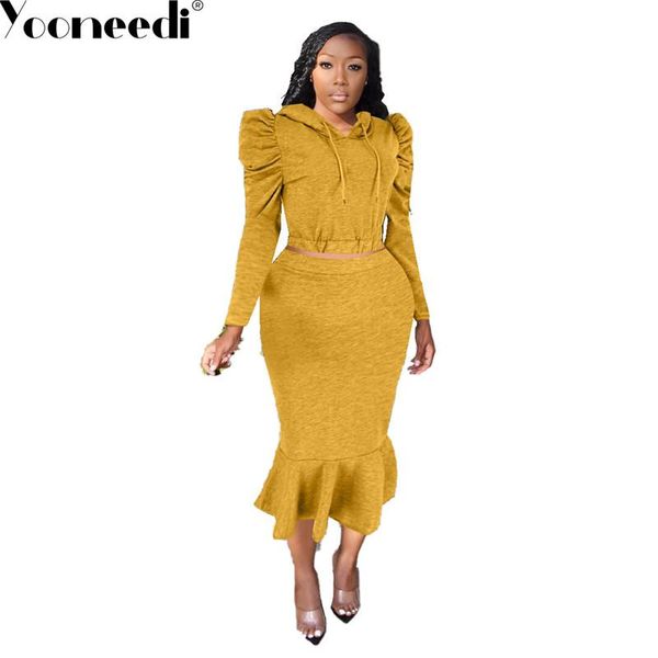 

two piece dress yooneedi 2021 quality arrival casual 2 pcs women set 3 color solid hooded and midi skirt nm8075, White
