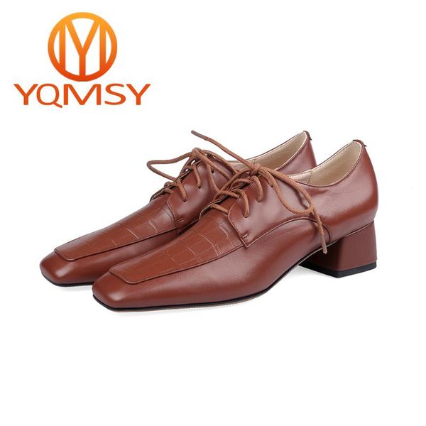 

yqmsy pumps women genuine leather lace-up lattice square toe square heel shoes spring/autumn casual office women's shoes as21, Black