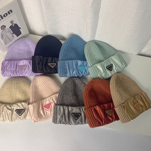 

triangle standard wool hat women's winter new knitted hat stitched silk warm thickened cold wardrobe accessories, Blue;gray