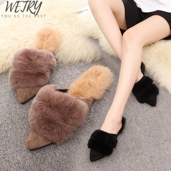 

slippers winter women house furry fashion faux fur warm shoes slip on flats female home slides black plush