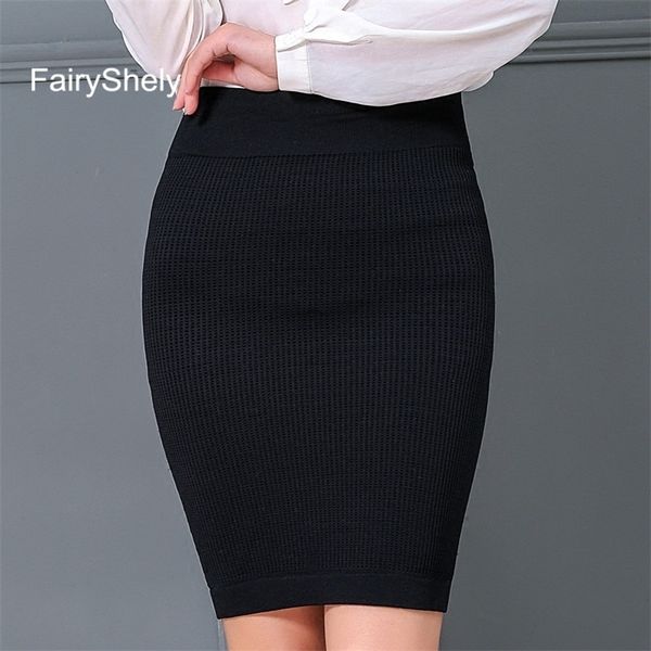 

fairyshely women office skirt autumn winter warm knitted black pencil skirts ladies short red high waist mini skirt 210310