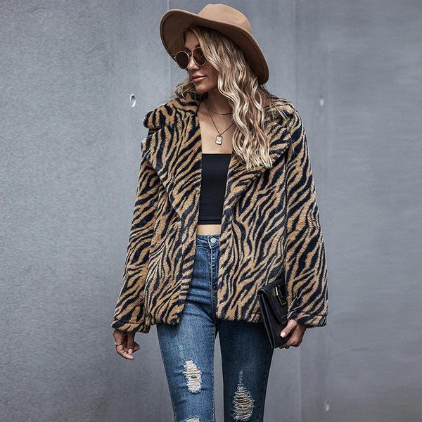 

women's fur & faux teddy bear coat winter ladies fashion casual fleece long sleeve lapel jacket women leopard outwear, Black