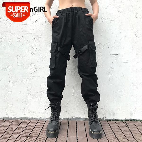 

heyoungirl harajuku high waist cargo pants women black casual ladies trousers fashion wrap leg sweatpants pockets streetwear #xq5q, Black;white