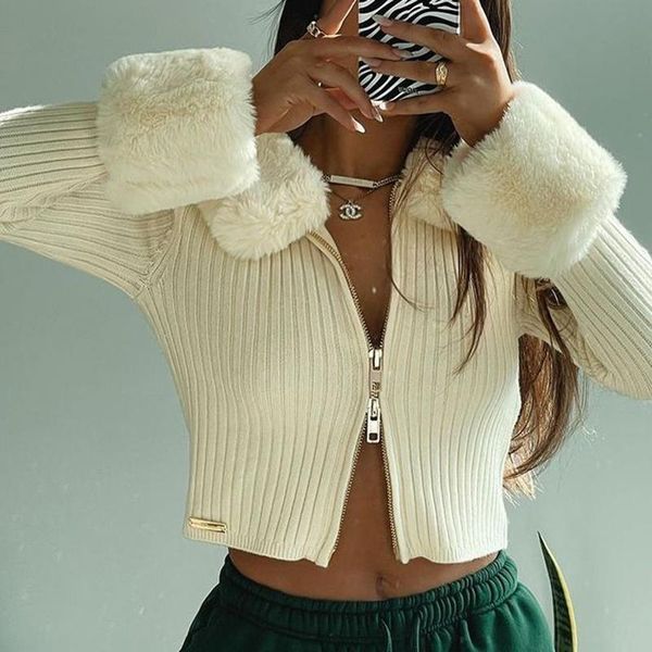 

women's knits & tees quinn fashion fur collar stitching knitted sweaters women elegant double zipper sweater solid short ladies, White