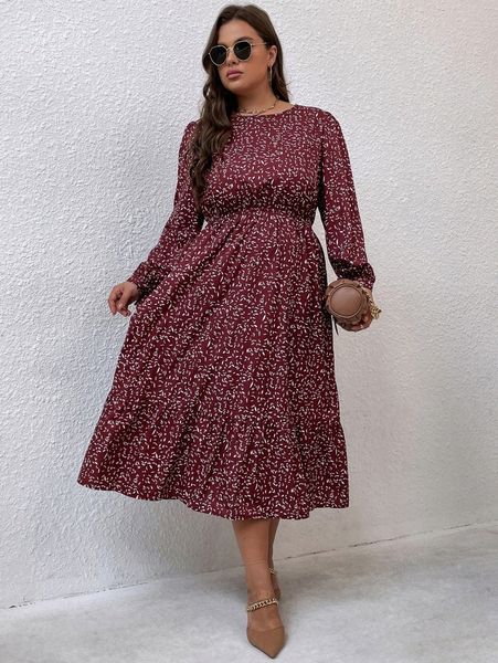 

plus allover print knot cuff ruffle hem dress q4yn#, Black