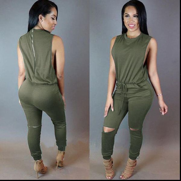 

women hole sleeveless bandage lace up jumpsuit casual rompers overalls for female women o neck zipper jumpsuits women summer, Black;white