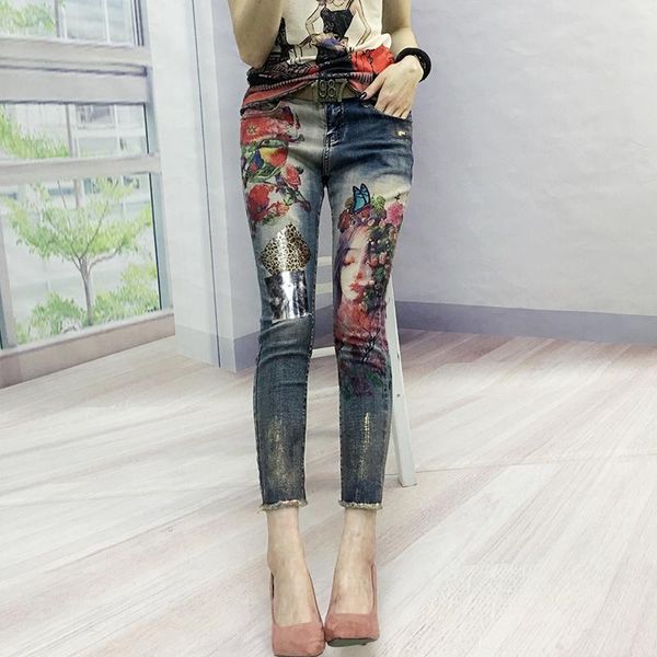 

Women's Jeans Painted Bronzing Woman 2021 Spring Autumn Denim Pencil Pants Women 3d Flowers Printing Trousers Femme, Blue