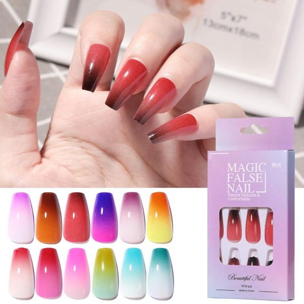 

false nails 24pcs/box gradient long coffin removable full cover extension ballerina acrylic french nail art manicure tools, Red;gold