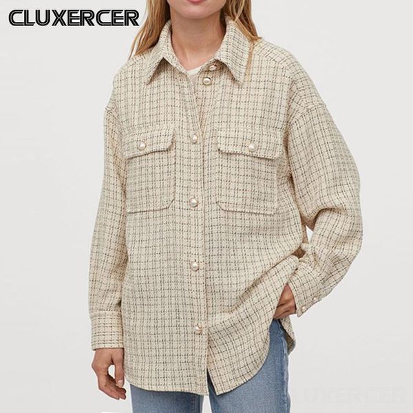 

spring autumn women vintage plaid tweed shirts jacket casual pearl button loose oversized outwear, Black;brown