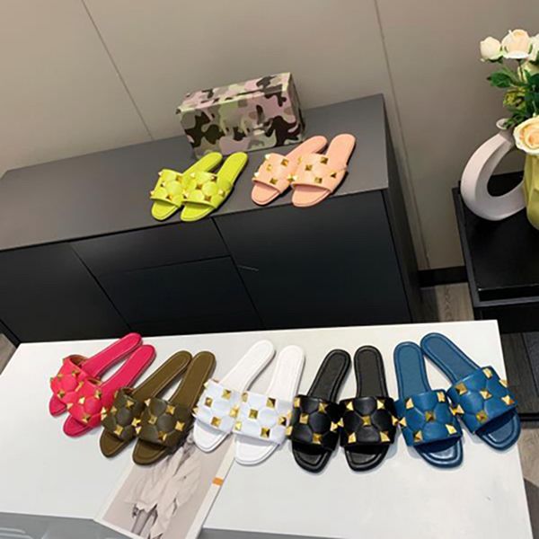 

new leather designer women flat slippers fashion oversized golden rivets ladies slides sandals fashion mules shoes, Black