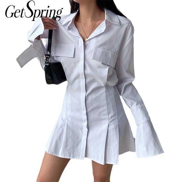 

getspring women dress flare sleeve cotton shirt dresses black white long plaid stripe vintage short 210601