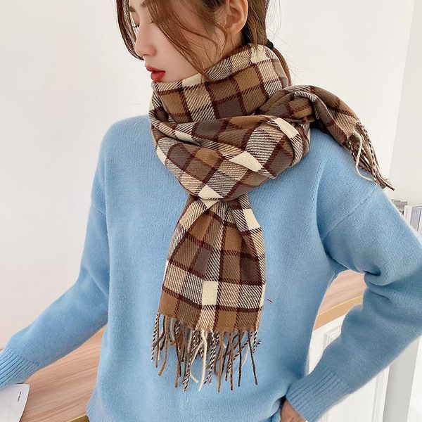 

scarves korean style of chequered scarf women winter 2021 imitation cashmere tassel shawls warm, Blue;gray