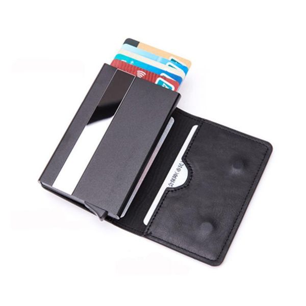 

bycobecy men and women aluminum box magnet card holder pu leather smart wallet anti-theft rfid blocking id c qylkwk