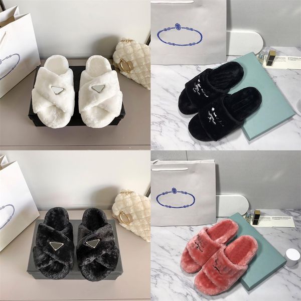 

designer women slippers luxury wool slides soft warm fur slippers enameled triangle crossover fashion black white ladies sandals 36-41 with