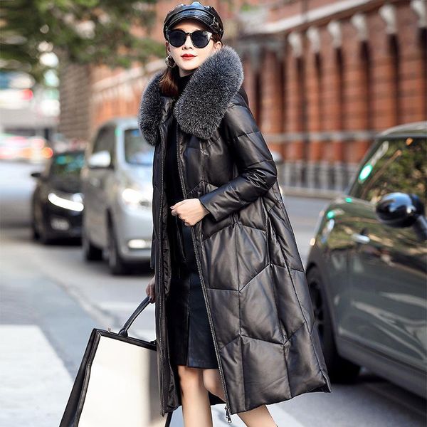 

women's jackets sheep skin down jacket middle and long section 2021 autumn winter korean version leather with plush, Black;brown