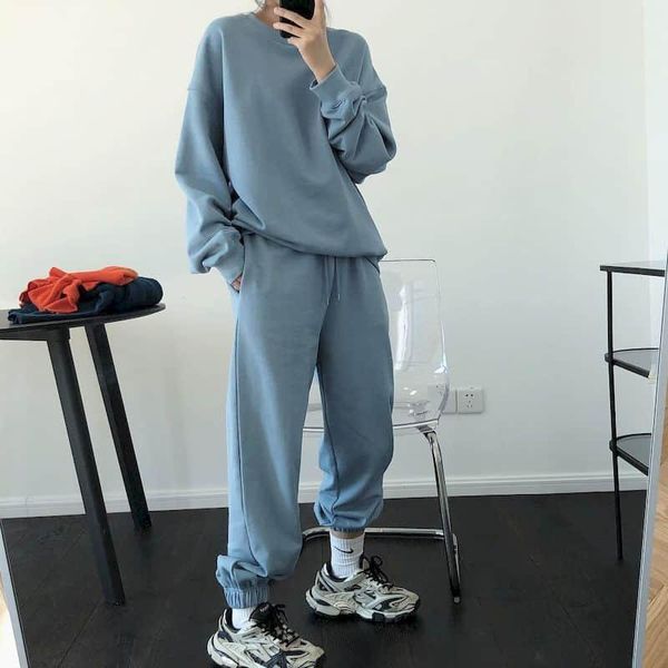 

new autumn apring two pieces suit women preppy style loose long sleeves normcore minimalist velvet hoodies and pants women sets, White