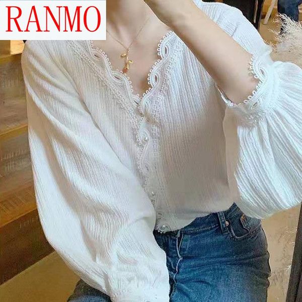 

women's blouses & shirts blouse shirt 2021 v-neck long sleeve women puff for hollow out, White