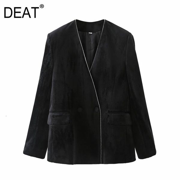 

women's suits & blazers [deat] 2021 spring autumn fashion tide v-neck double breasted solid color long sleeve rhinestone velvet blazer, White;black