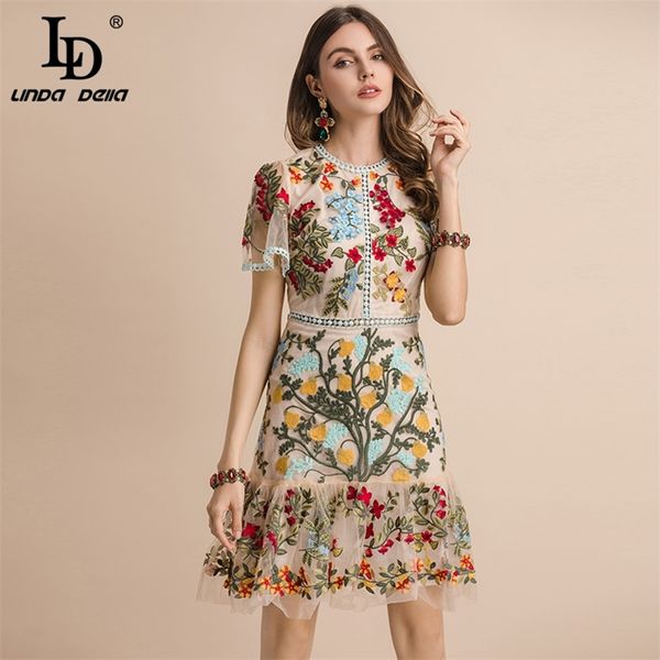Ld linda della novo moda pista de verão vestido mulheres manga flare floral bordado elegante malha oco out vestidos midi 210303
