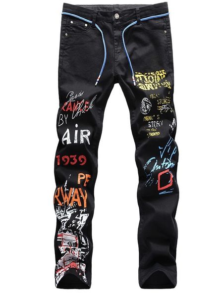 

skeleton graffiti men's street jeans slim high-elastic straight colored painted stretch pencil pants hip-hop hi 9d98, Blue