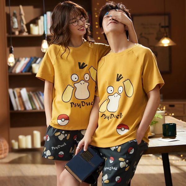 

homewear couple 's pajamas set summer short-sleeved cotton thin large size loose men women 's two piece suit casual summer, Black;red