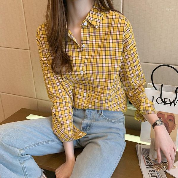 

spring and autumn ladies plaid blouse all-match long-sleeved lapel single-breasted women women's blouses & shirts, White