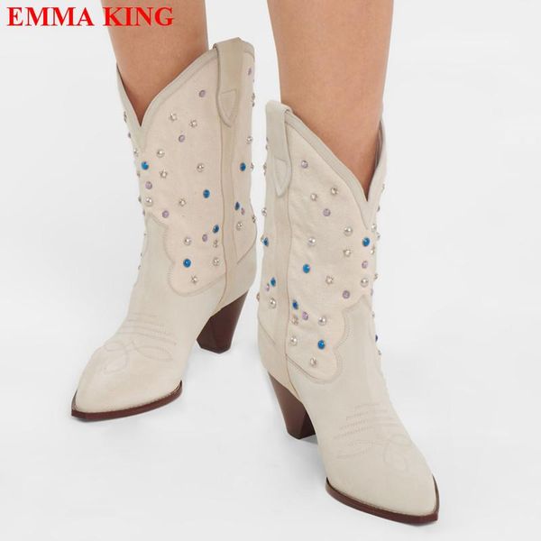 

boots fashion rivets stud ankle women western wide calf slip on cowboy suede pointed toe spike heels shoes woman 2021, Black